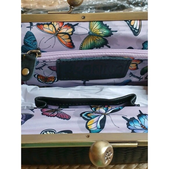 ANNA ANUSCHKA Bag Black Crossbody Woven Leather w Clasp Butterfly Lining  NEW - Picture 10 of 16